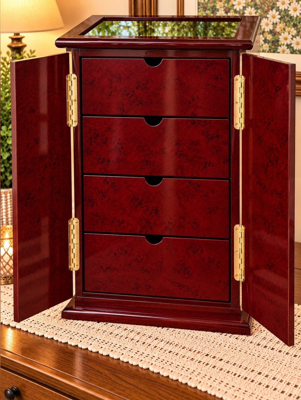 Vintage Thomas Pacconi Classics Burlwood Tabletop Jewelry Armoire Chest With COA
